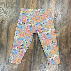 SOFT SURROUNDINGS botanical peach + blue printed capri cotton blend leggings EUC